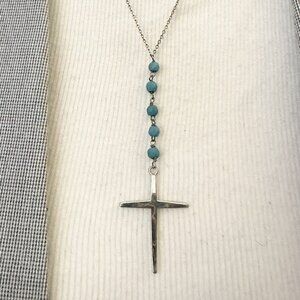 GM 925 Silver Cross Necklace Simple design Turquoise color Beads 12 inches long